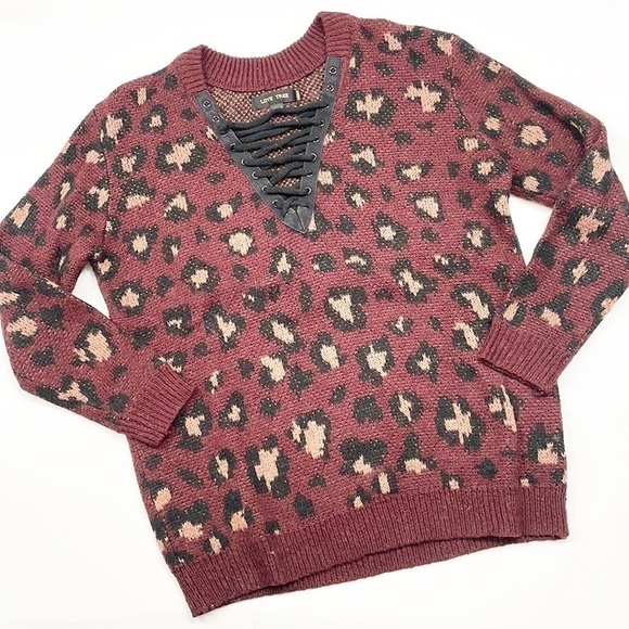 Love Tree maroon animal print lace up long sleeve knit sweater - Picture 1 of 5